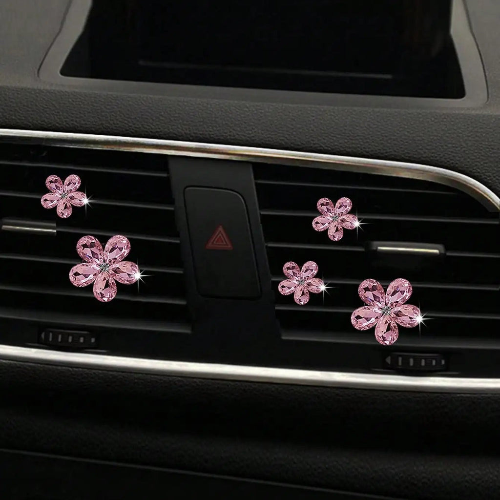 5pc Rhinestone Pink Flower Vent Clip