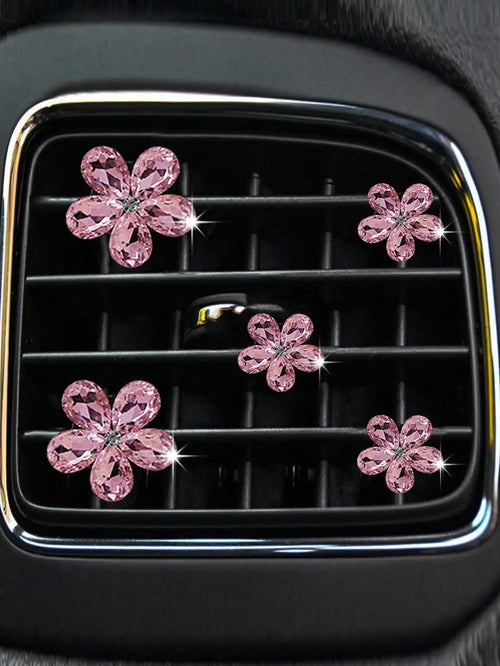 5pc Rhinestone Pink Flower Vent Clip