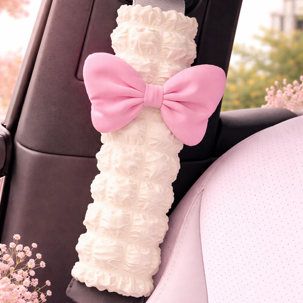 White Seatbelt Cover with Bow